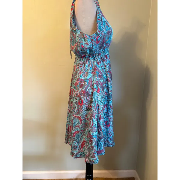IndiaBoutique Sari Short Dress Coverup Paisley Turquoise Red OneSize boho resort - Image 3