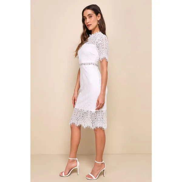 NWT Lulus Remarkable White Sheer Lace Short Sleeve Midi Dress Sheath Classy Sz S - Image 7