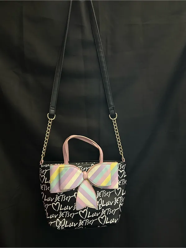 Betsey Johnson Graffiti Print Black Shoulder Bag With Pastel Striped Bow - Image 3
