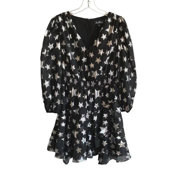 Sam Edelman Womens 6 Black Silver Metallic‎ Star Print Mini Dress V Neck - Image 2