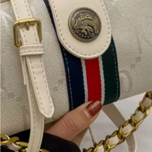 Monogram Chain Shoulder Bag Cream Gold Stripe Crossbody Clutch NIP - Image 6