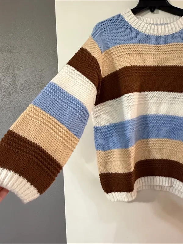 BiBi Striped Crewneck Sweater in Blue, Brown & Cream - Image 3