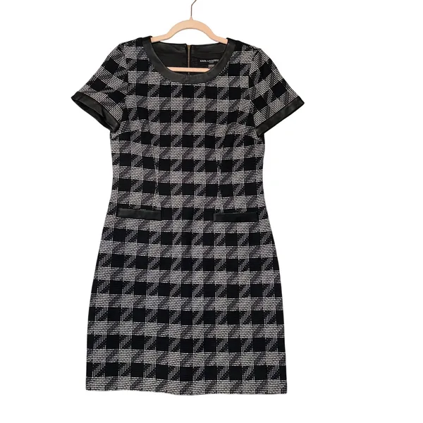 Karl Lagerfeld Paris Houndstooth Sheath Dress Faux Leather‎ Trim Black White 6 - Image 2