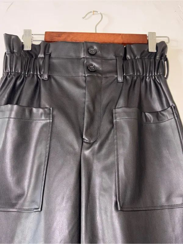 Just Fab High-Waist Faux Leather Paperbag Pants - Black - Image 2