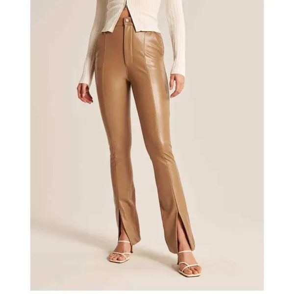 Abercrombie Faux Leather Pants Camel Brown Ultra High Rise Split Hem 4 27 - Image 13