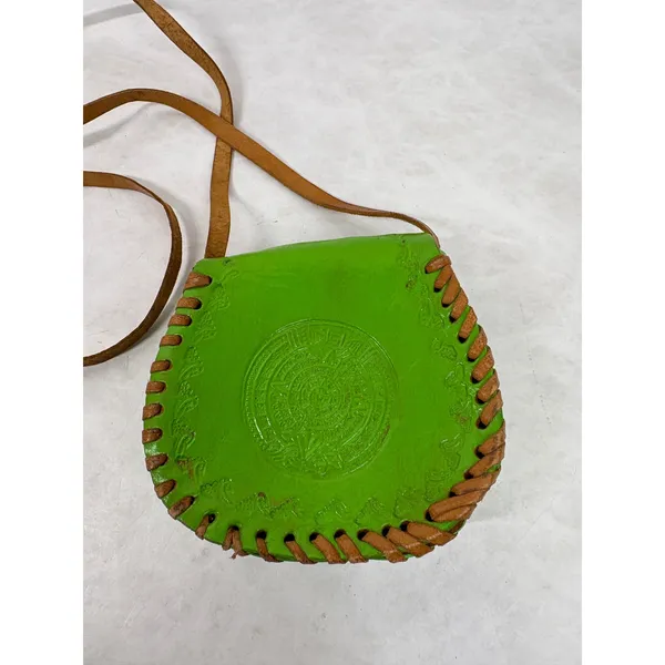 Vintage Mexican Tooled Leather Crossbody Bag Lime Green Whipstitch Boho Mini - Image 4