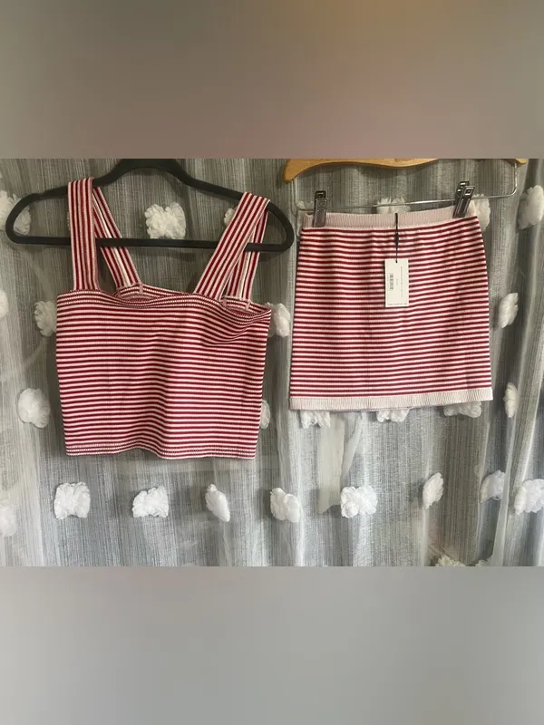 Red & White Striped Knit Crop Top and Mini Skirt Set - Image 2