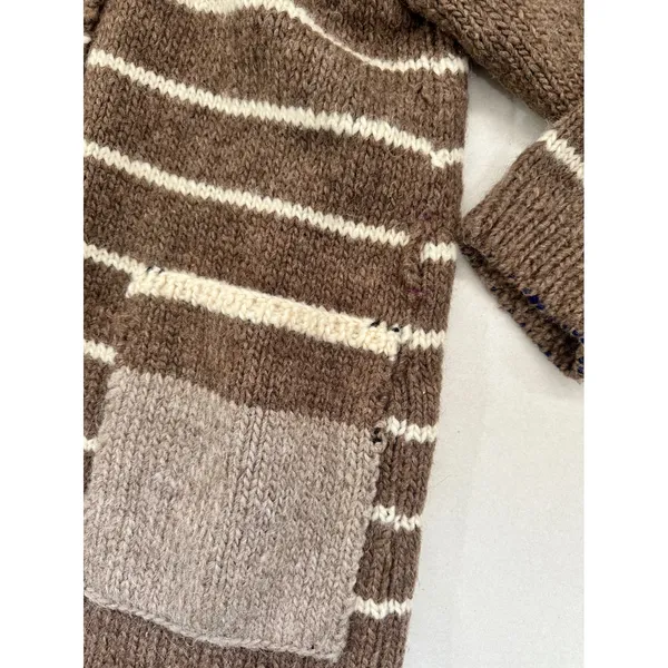 Hand Knit Brown Striped Wool Feel Cardigan Sweater Collared Cottagecore Medium - Image 3