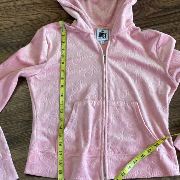 Juicy Couture Logo Embossed Pink Velour Tracksuit with Hoodie Top Small Bottom M - Image 6