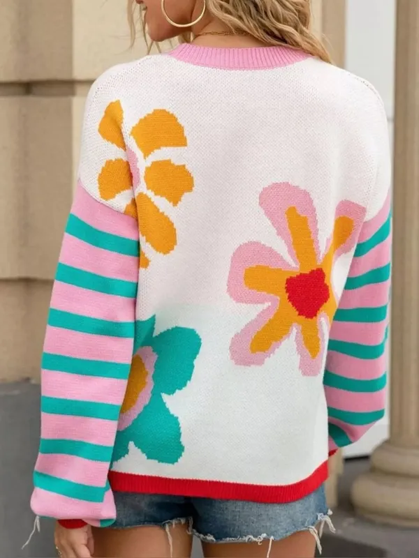 NEW Boutique Floral Striped Mixed Print Crewneck Sweater Summer Spring Bright - Image 5