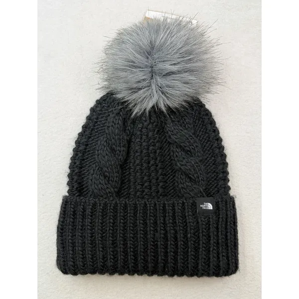 The North Face Oh Mega Fur Pom Lined Beanie Womens OS Black CableKnit Hat - Image 4