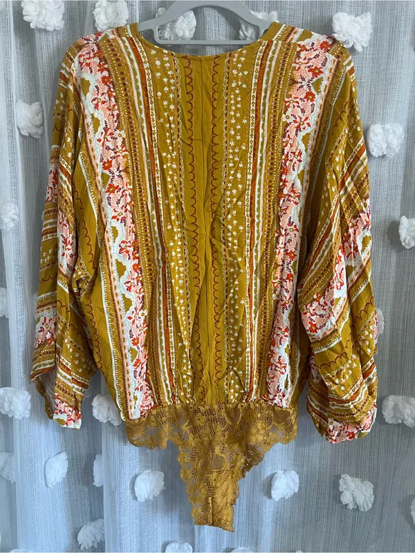 Free people intimately V-Neck Floral Stripe Lace-Trim Bodysuit - Mustard - Image 2