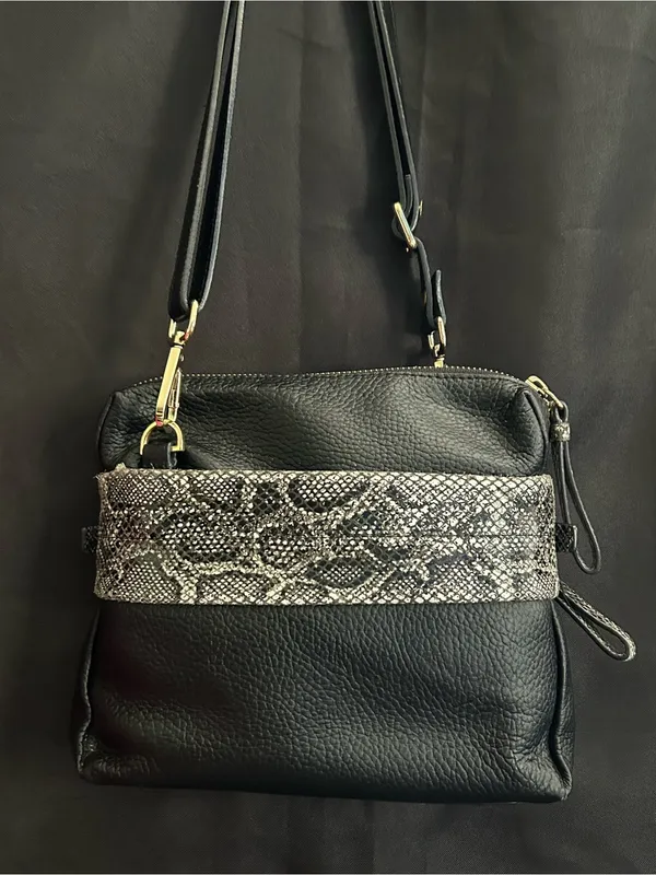 Halston Leather Black Crossbody Bag with Snake-Print Trim - Image 9