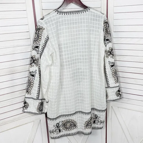 Zara Boho Embroidered Textured Cotton Tunic Shift Mini Dress White Tan Black XS‎ - Image 10