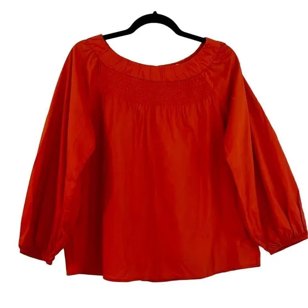 Anthropologie Maeve coral smocked neck long sleeve blouse small - Image 4