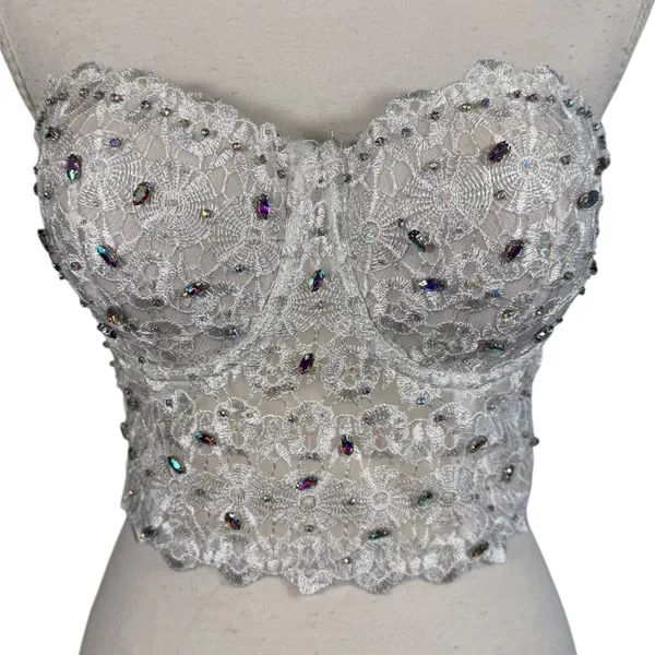 White Lace Bustier Crop Top Womens M Beaded Rhinestone Corset Cami Y2K Bridal - Image 13