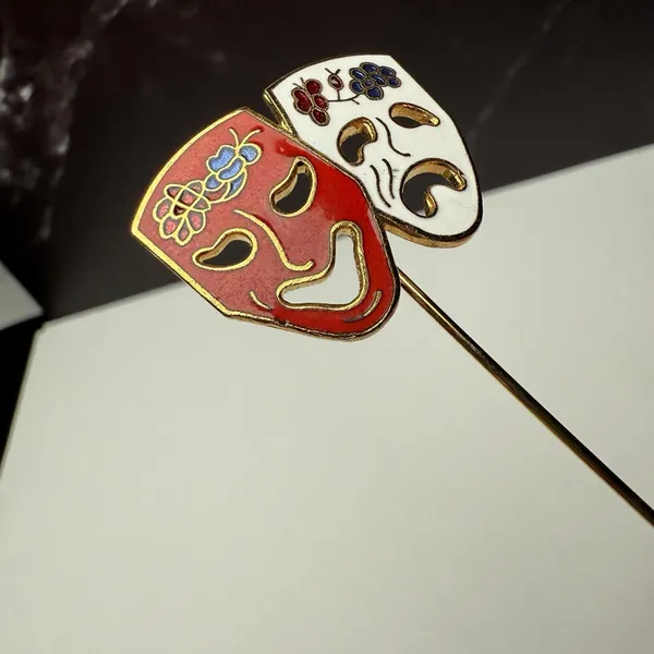Comedy Tragedy Drama Mask Lapel Stick Pin Gold Tone Enamel White Red - Image 9