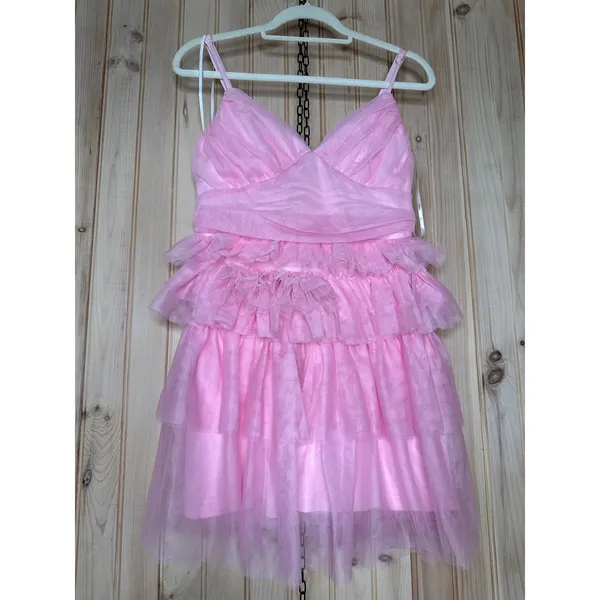 NWT Lulus Special Poise Pink Tulle Pleated Sleeveless Tiered Mini Dress Barbie M - Image 2