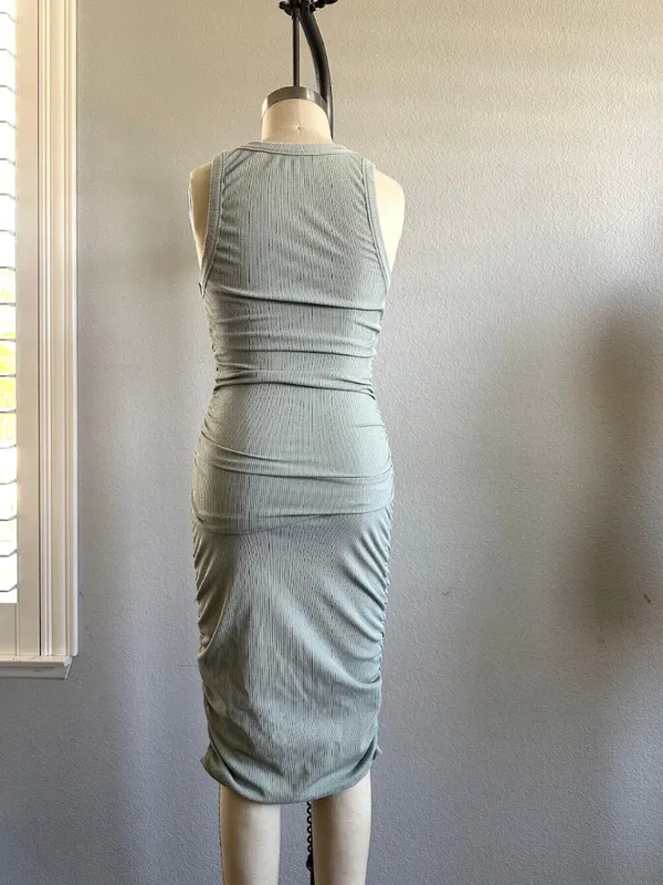 Sleeveless Ribbed Ruched Midi Dress Sage Green Bodycon Size XXS - Image 3