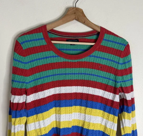 Tommy Hilfiger Sweater Womens Large Multicolor Striped Cable Knit Pullover Crew - Image 3