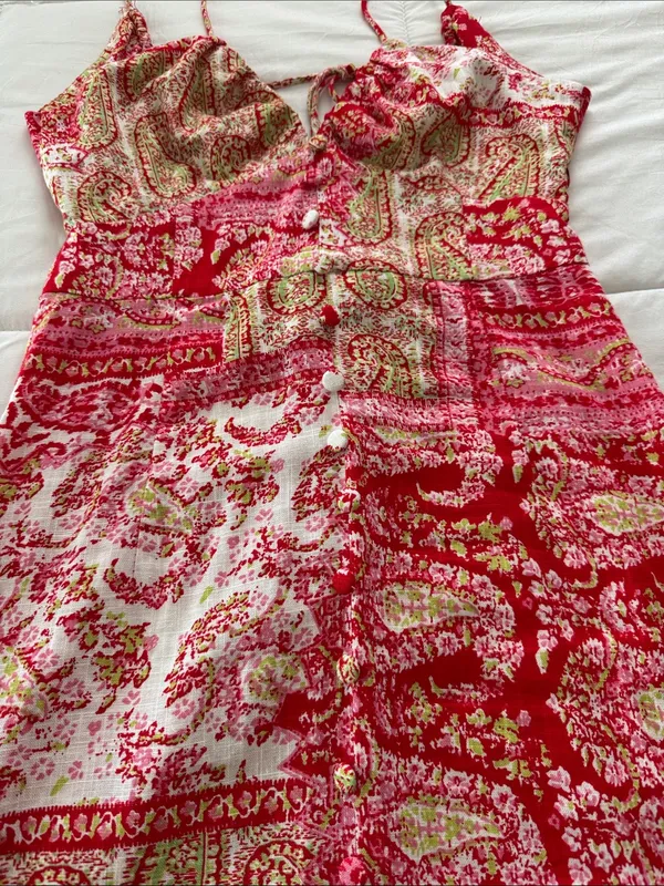 Zara Red Paisley Strapless Maxi Dress with Front Slit size S - Image 3