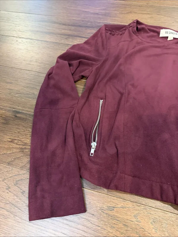 BB Dakota Faux Suede Moto Jacket Burgundy Wine Braided Size Small - C61-122 - Image 4