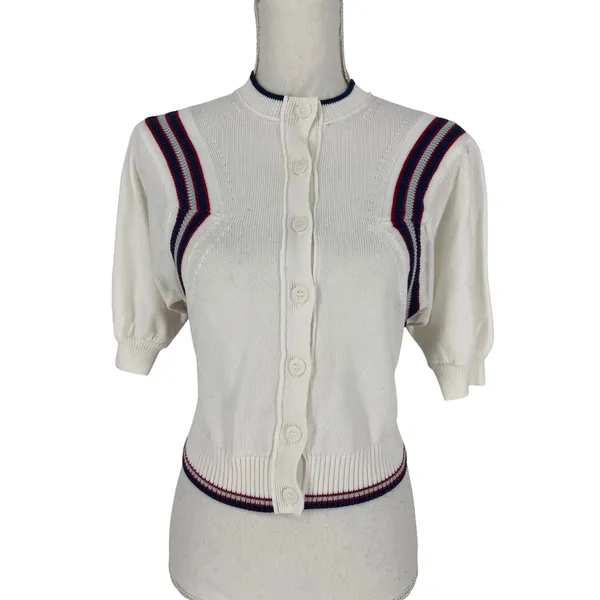 Maeve Puff Sleeve Cardigan White Inset Graphic Button Front‎ Sweater Size S - Image 4