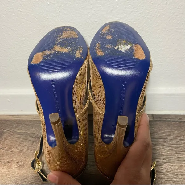 Rebecca Minkoff Penny Heels Mary Janes Scalloped Croc Embossed Gold 6.5 - Image 6