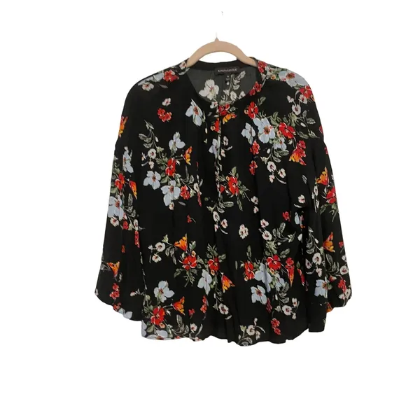 Banana Republic Blouse Floral Bell Sleeve Black Botanical Print Medium Boho M‎ - Image 2
