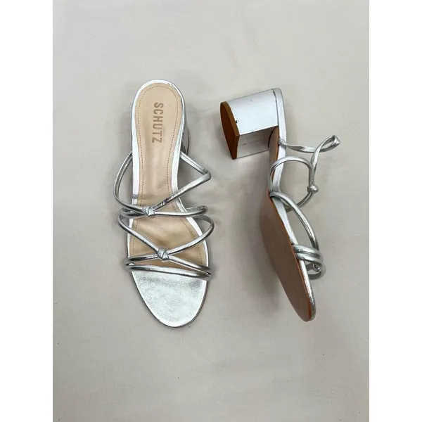 Schutz Silver Strappy Design Block Heel Open Toe Sandal Leather Womens Size 8.5B - Image 11