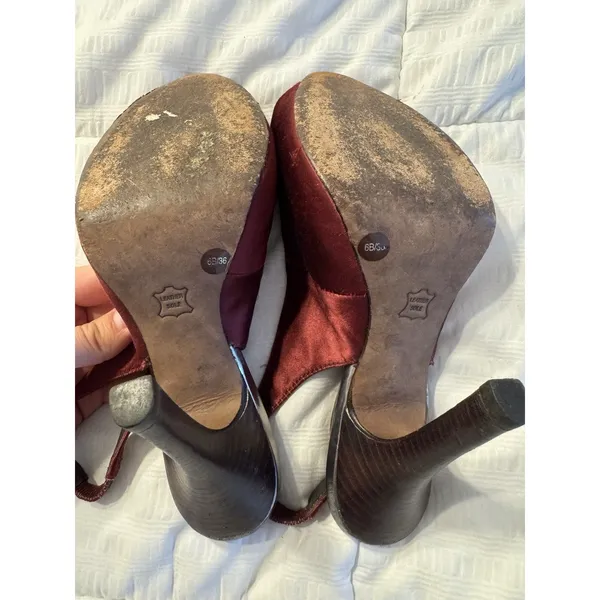 BCBG Max Azria Heels Burgundy Satin Slingback Sandals Peep Toe Stiletto Size 6 - Image 7