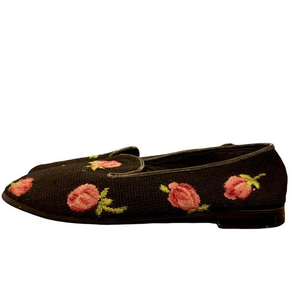 VTG Floral Needlepoint Loafers Rose Tapestry Smoking Slipper Grandmacore 10 - Image 4