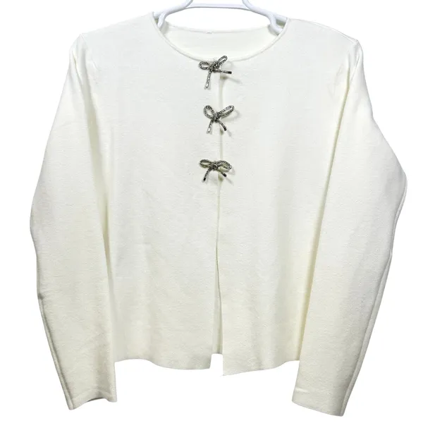 Bow‎ Front Cardigan Sweater Rhinestone Textured Knit Winter White Women's L - Image 5