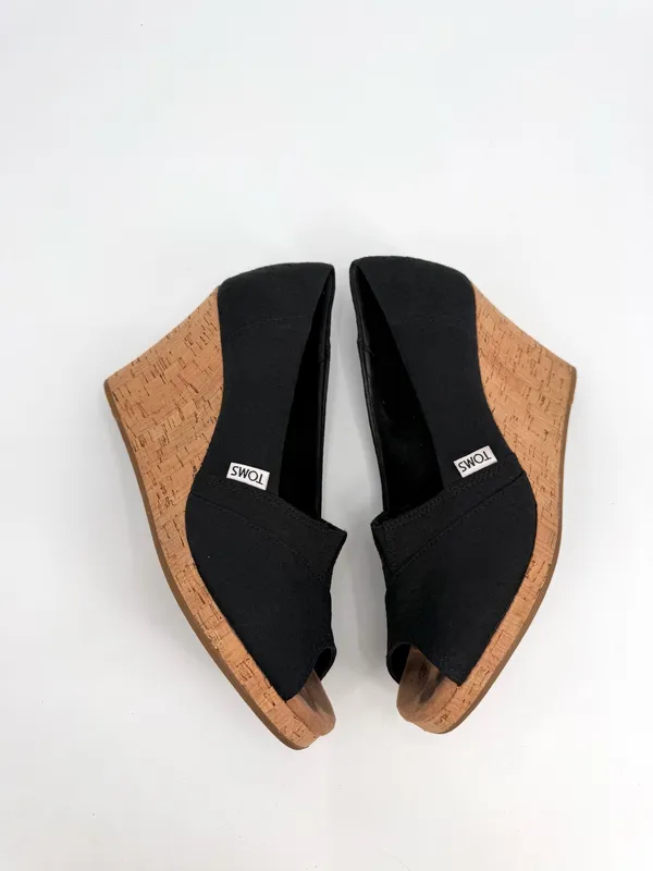 Toms Sandals Women’s 10M Black Classic Wedge Espadrille Cork Peep Toe Slip On - Image 8