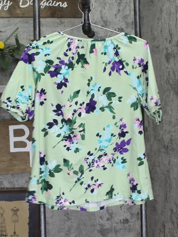 Denim & Co. Womens Printed Favorite Jersey Split Knit Shirt Fresh Sage Green 2XS - Image 2