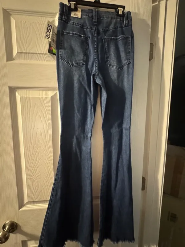 YMI Distressed Flare Jeans Raw Hem Dark Wash NWT Size 3/26 - Image 2