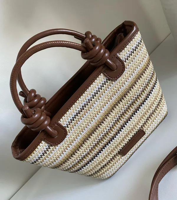 Women’s stylish beige brown handwoven Straw Fabric Tote crossbody shoulder Bag - Image 5