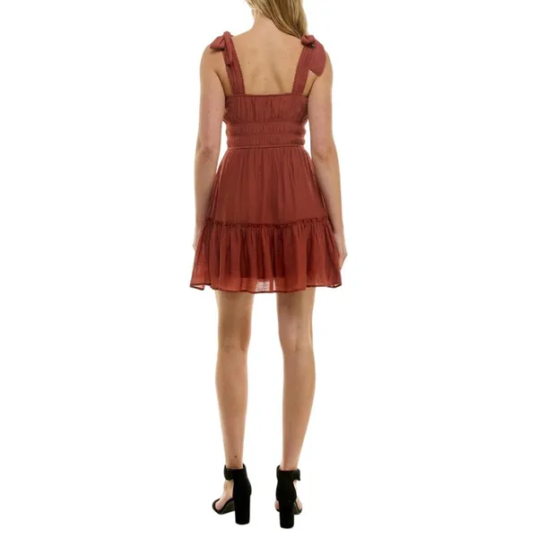 NWT Trixxi Juniors Square-Neck Tie-Strap Fit Flare Mini Dress Brown Orange S - Image 3