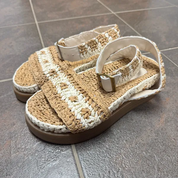Free People FP Roma Raffia Slip On Ankle Strap Platform Sandals Tan White 8 - Image 16