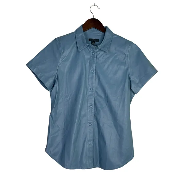 J.Crew Slim Fit ShortSleeve Faux Leather Shirt Snap Button Down 4 Dusty Sea Blue - Image 14