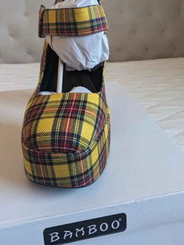 Bamboo Yellow Plaid Platform Mary Jane Chunky Block Heel Tartan Plaid Retro 90s - Image 2