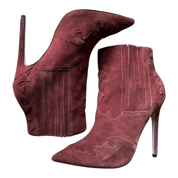 Burgundy suede pointed toe stiletto ankle boots with cowgirl design ASOS size 6 - Image 4