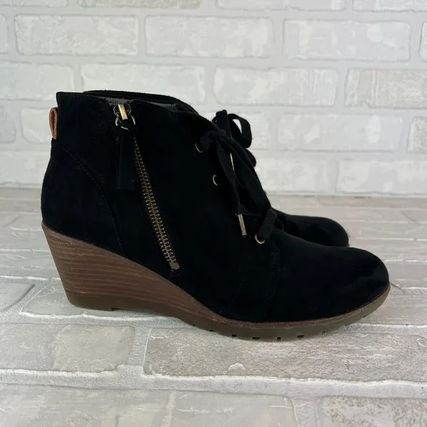 Dr Scholls Ankle Booties Womens 9 M Black Faux Suede Wedge Lace Up Zipper Nelly - Image 2