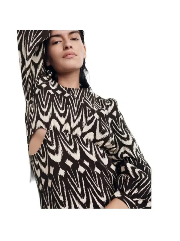 Zara Printed Midriff Cutout Brown Cream Ikat Tribal Puff Sleeve Maxi Dress Sz S - Image 4