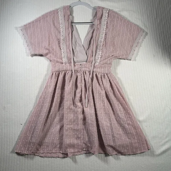 SHEIN Womens Small Pink Swiss Dot Lace Trim Mini Dress Short Sleeve Boho - Image 5