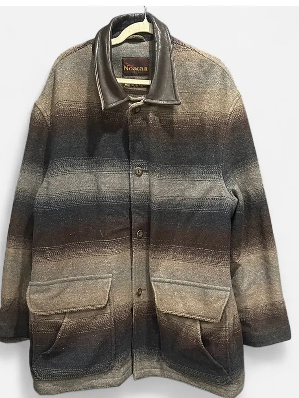 Vintage Southwestern Wool Blend Barn Coat Genuine Leather Collar L - Image 3