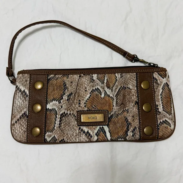 XOXO Snakeskin Print Wristlet Clutch Brown‎ Faux Leather Studded Bag Y2K - Image 8
