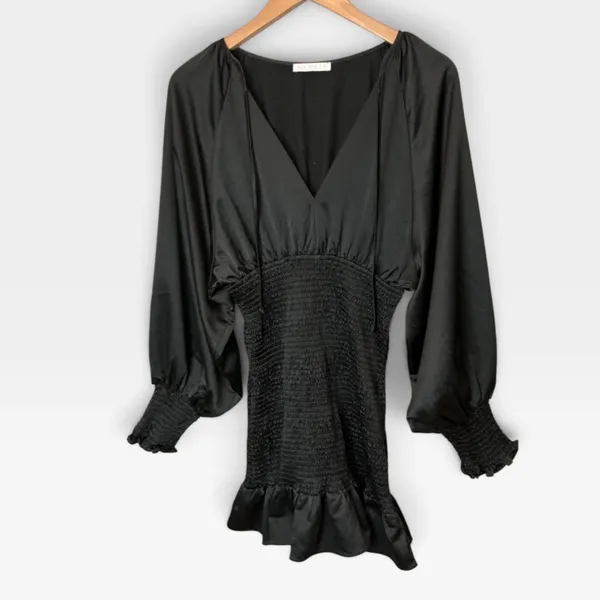 Karlie Black Satin Smocked V-Neck Mini Dress Lantern Sleeve Ruffle Hem - Image 2