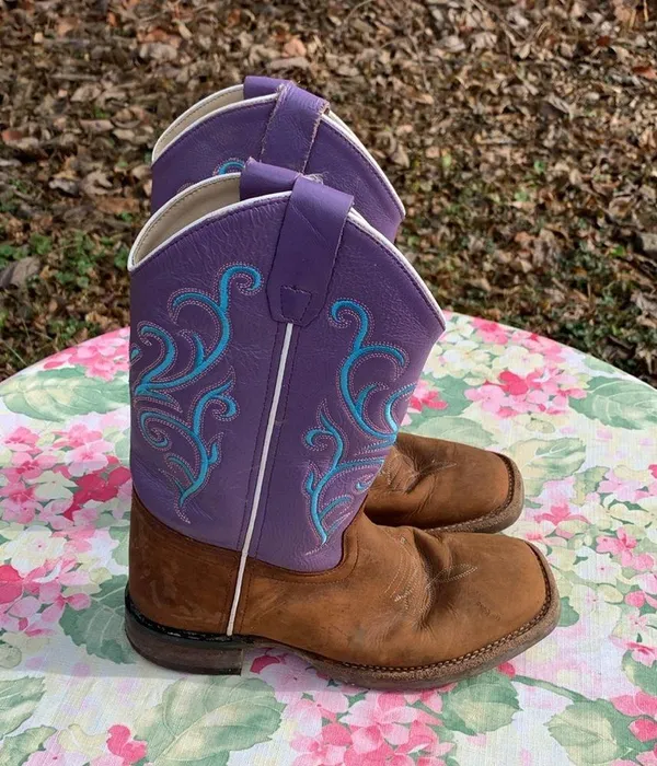 Old West Purple, Blue and Brown Embroidered Cowboy Boots Size 5D - Image 3