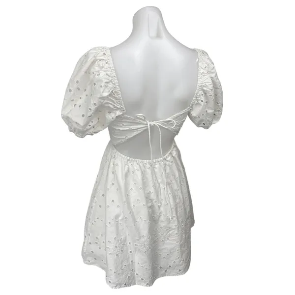 Zara Women's White Short Puff Sleeve Eyelet Embroidered Fit & Flare Mini Dress M - Image 2